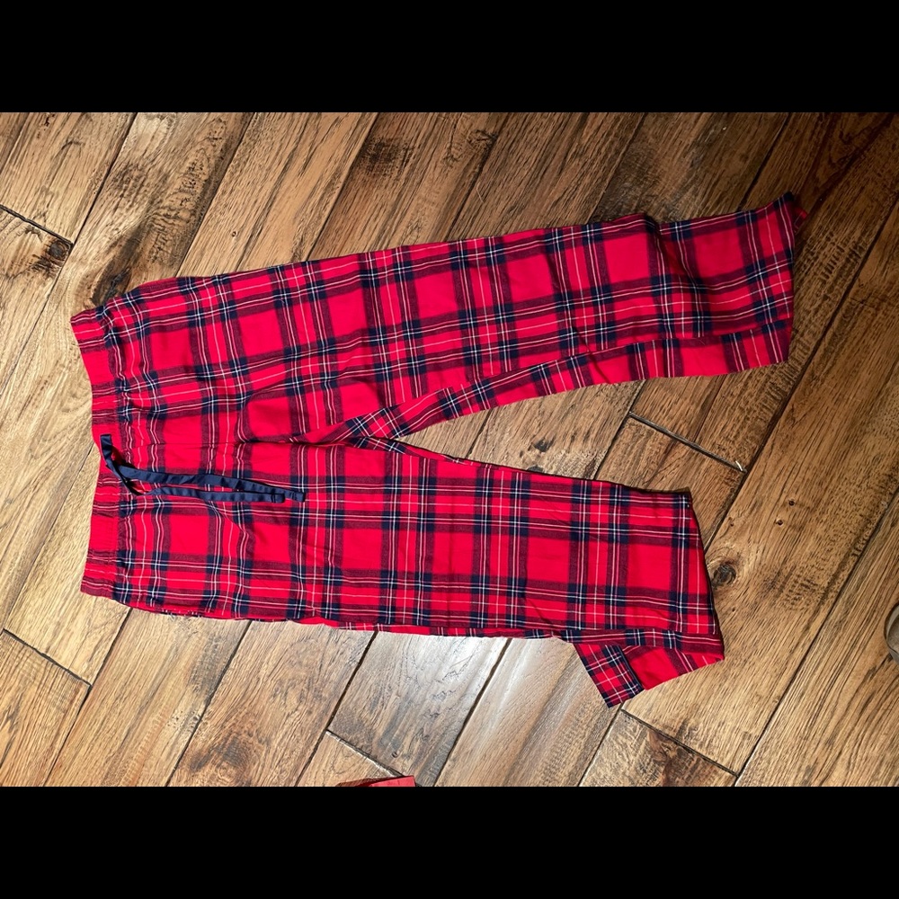 Slim fit new flannel pj pants, pockets, fancy cuff, draw string holiday red!